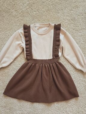 Girl's Cream Knit Sweater with Attached Brown Ruffled Suspender Skirt